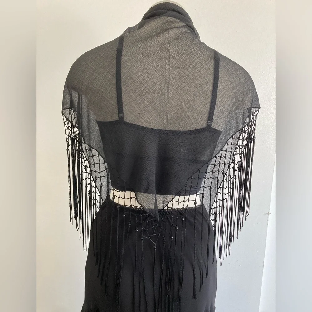 Black Fringe Sheer Shawl Scarf - Picture 3 of 4